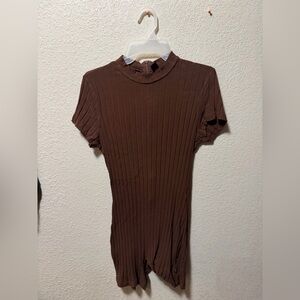 Brown Ribbed Short Sleeve Top